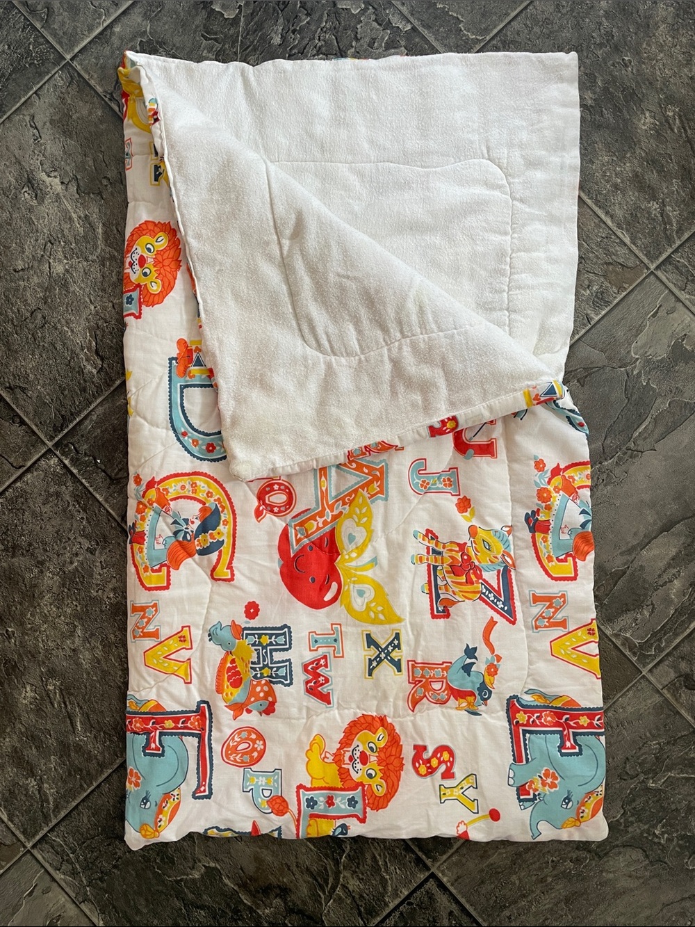 Vintage HANDMADE Kid’s Colourful Animal Alphabet Quilted Sleeping Bag/Blanket